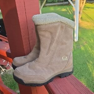 Sorel Beige Waterfall Boots Fleece Collar ZIP Waterproof Thinsulate Ultra US 8